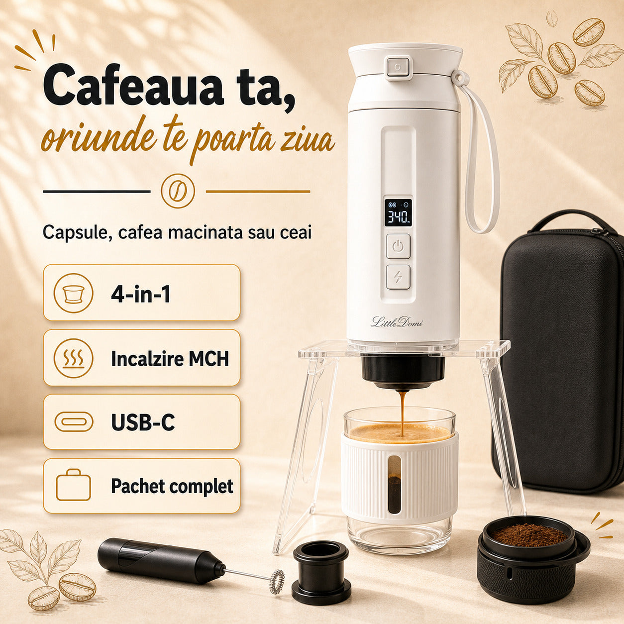 Espressor portabil LittleDomi alb cafeaua ta oriunde 4 in 1 incalzire MCH USB-C pachet complet