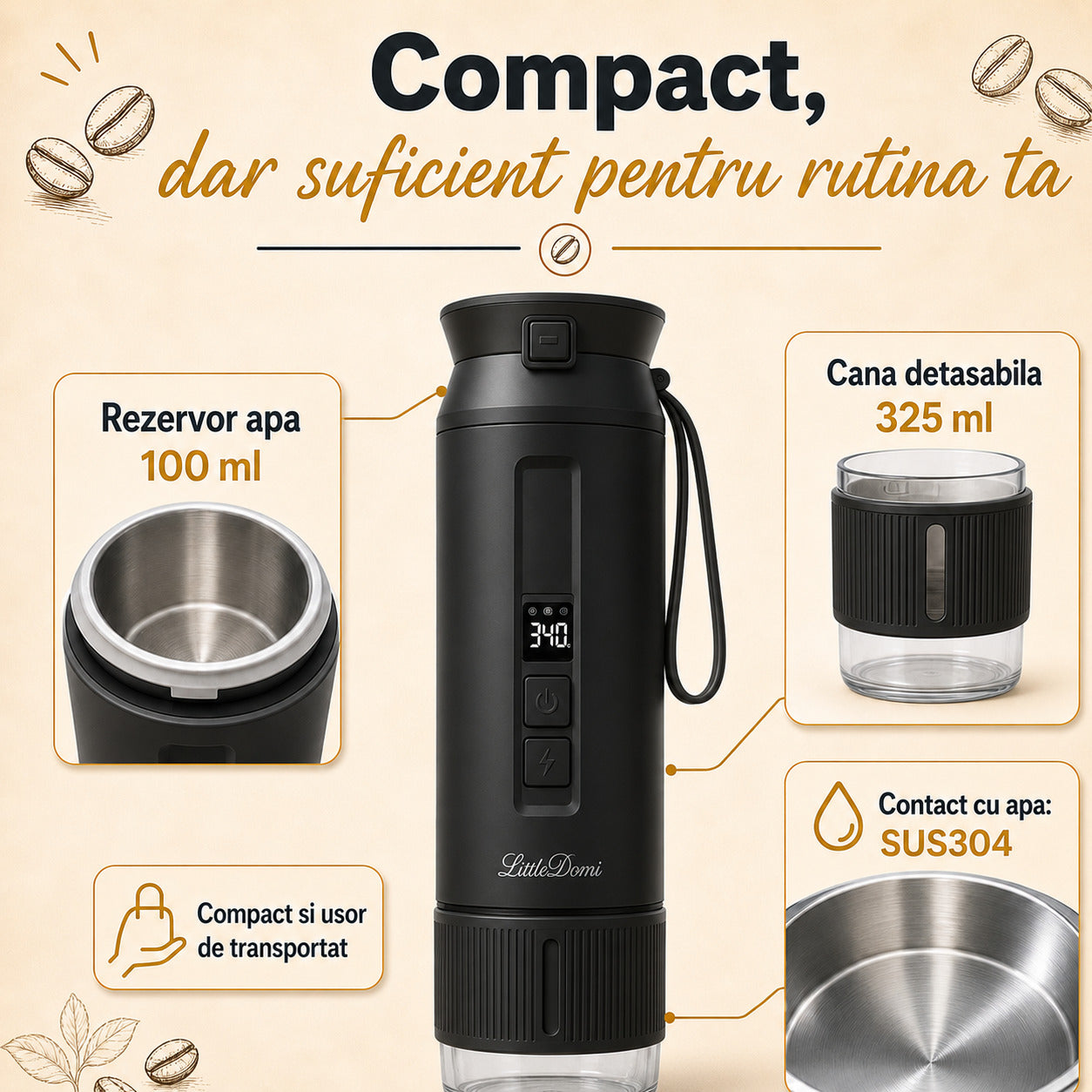 Espressor portabil LittleDomi negru capacitate rezervor 100 ml cana 325 ml material SUS304