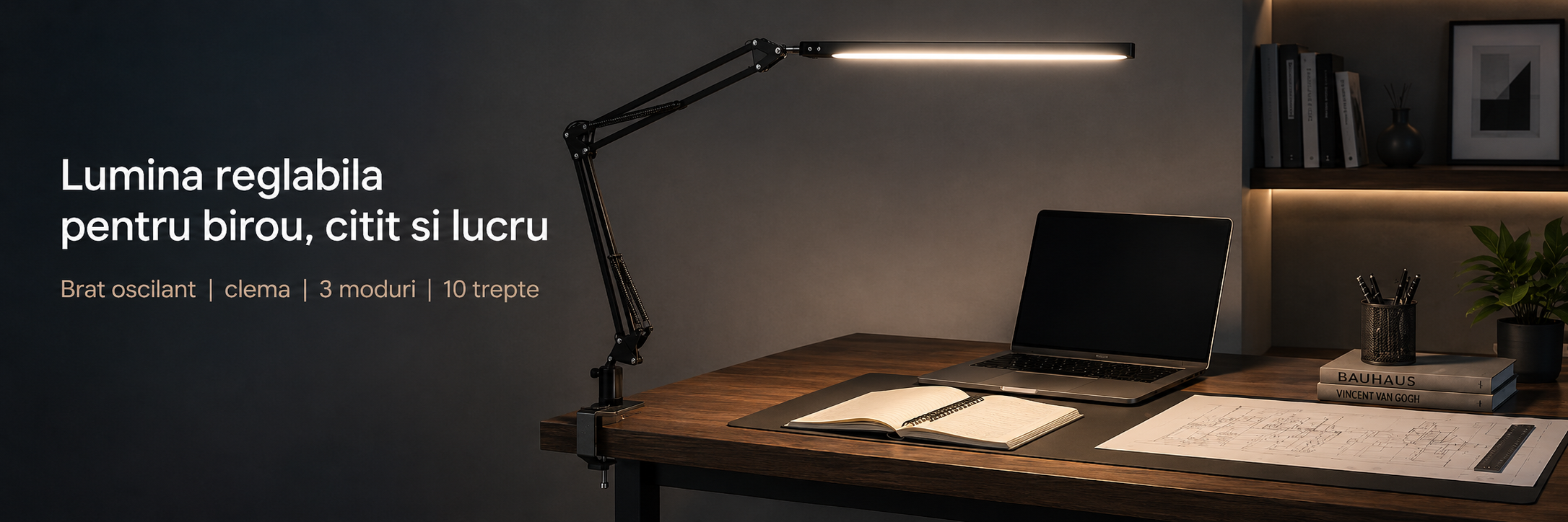 Lampa de birou LED cu brat oscilant, clema si lumina reglabila