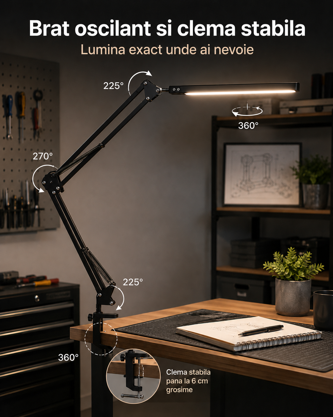 Lampa LED cu brat oscilant, clema si rotire reglabila
