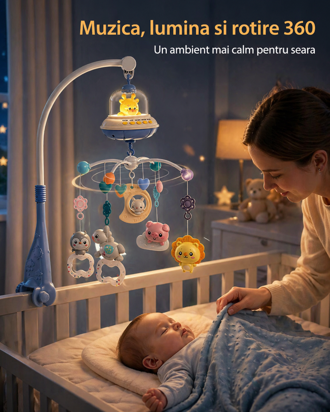 Carusel muzical pentru patut cu melodii, lumini si rotire 360