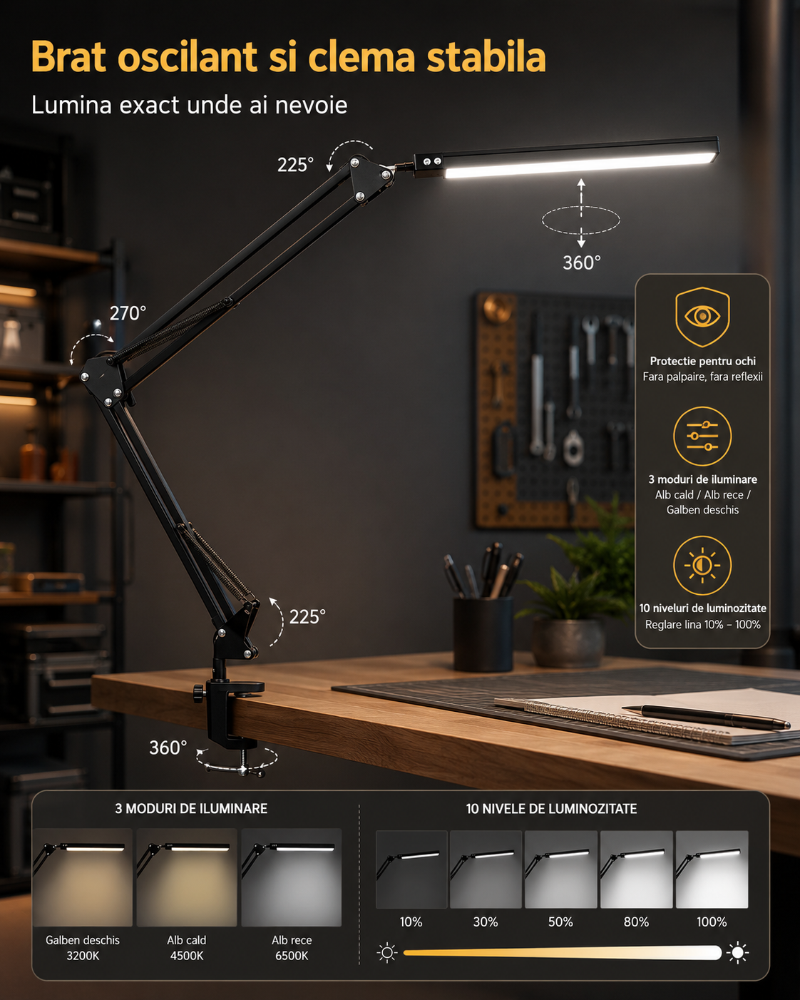 Lampa birou LED cu lumina calda neutra si rece, 10 trepte de intensitate