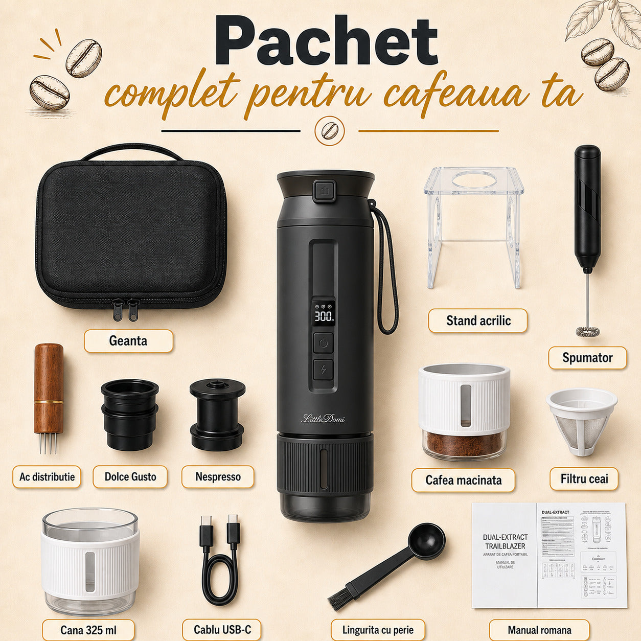 Pachet premium complet espressor portabil LittleDomi negru geanta stand spumator WDT adaptoare