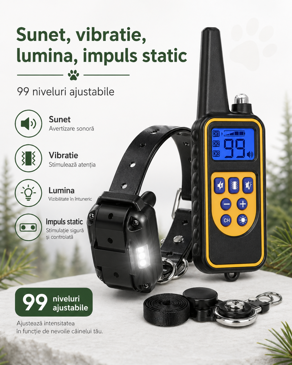 Telecomanda zgarda dresaj cu 4 moduri si 99 niveluri ajustabile