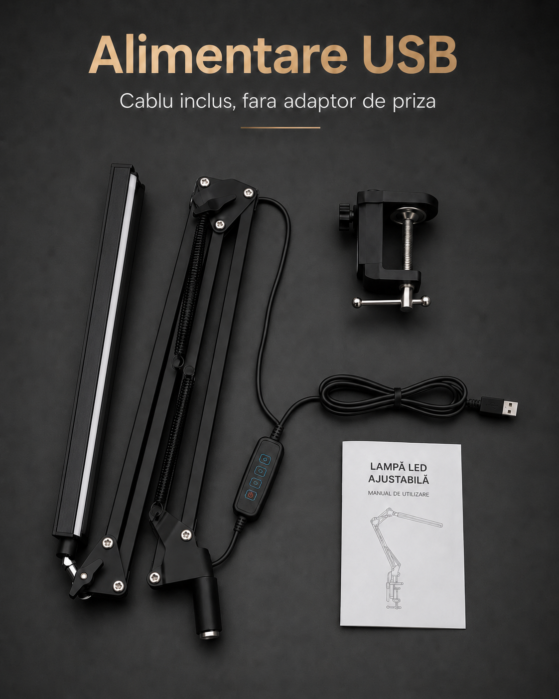 Lampa birou LED alimentare USB cu cablu inclus si montaj cu clema