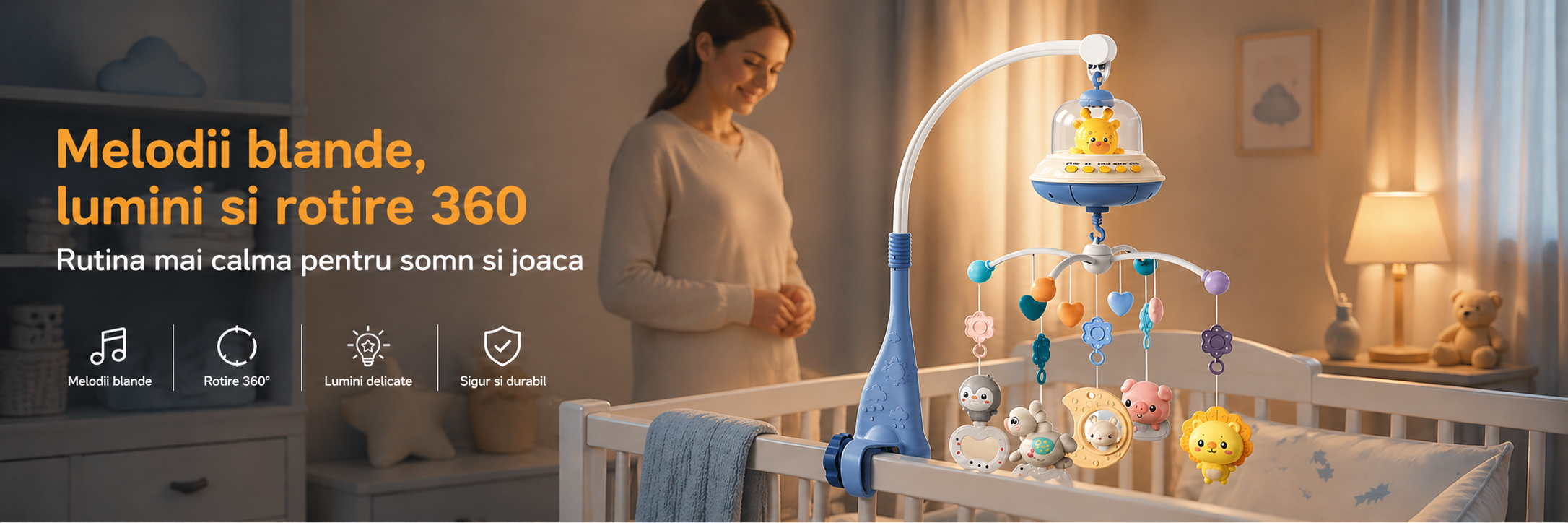 Carusel muzical albastru pentru patut bebelusi cu telecomanda si jucarii detasabile