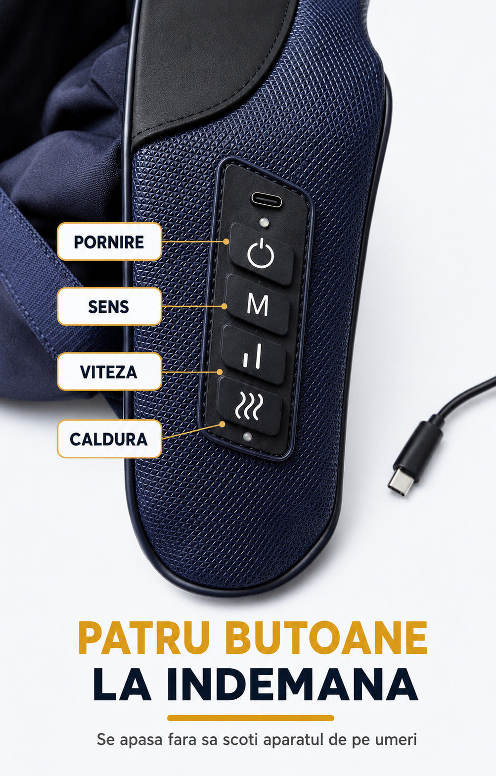 Portul USB-C si panoul cu patru butoane al masajerului