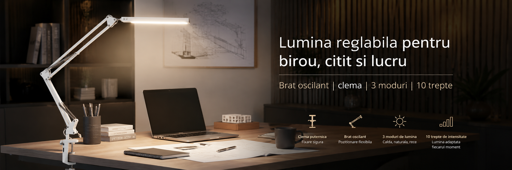 Lampa de birou LED cu brat oscilant, clema si lumina reglabila