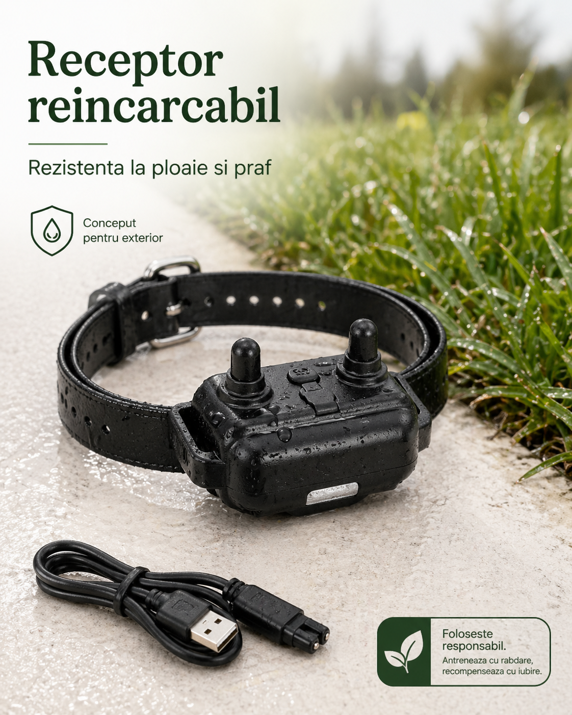 Receptor reincarcabil pentru zgarda dresaj cu rezistenta la apa si praf