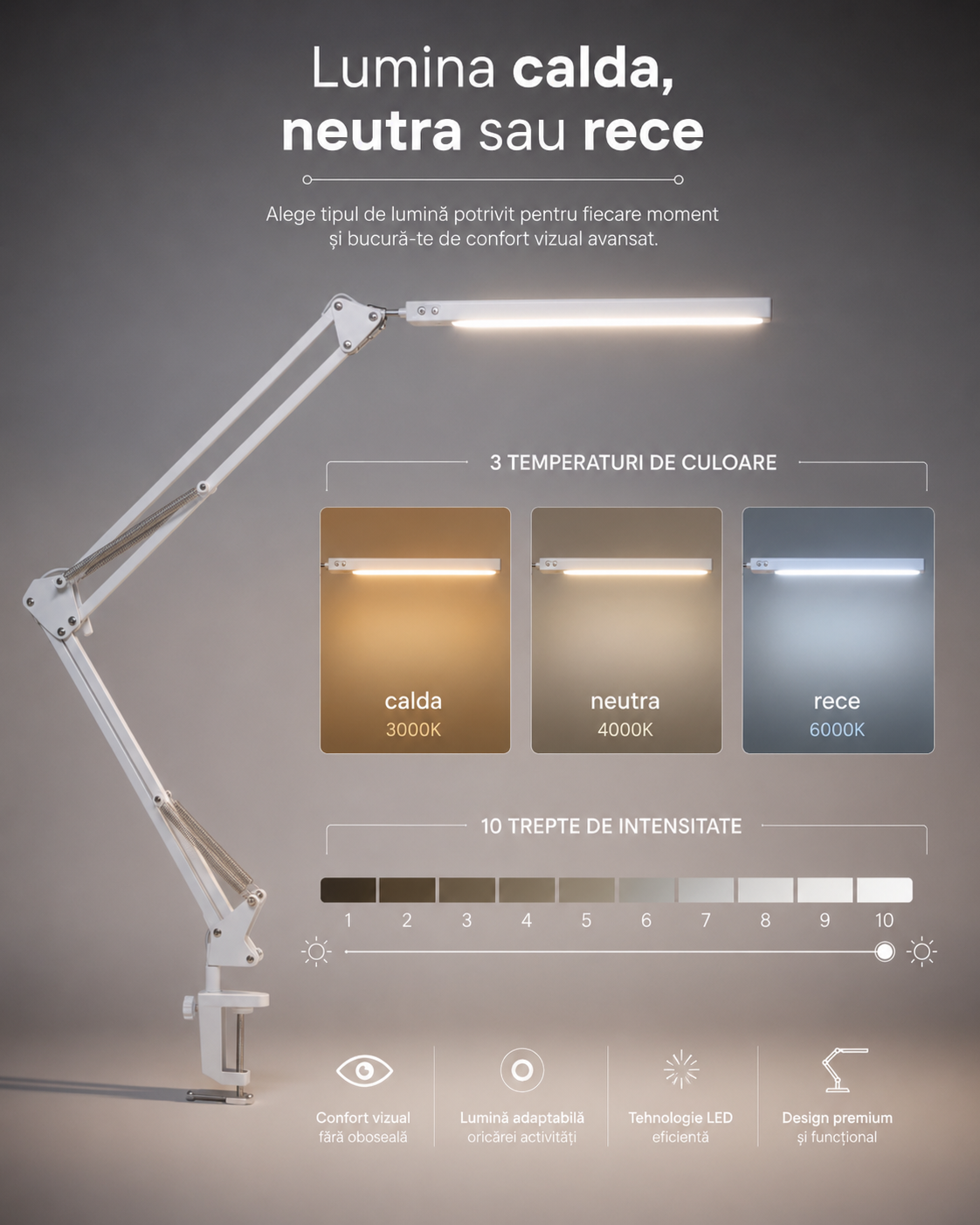 Lampa birou LED cu lumina calda neutra si rece, 10 trepte de intensitate