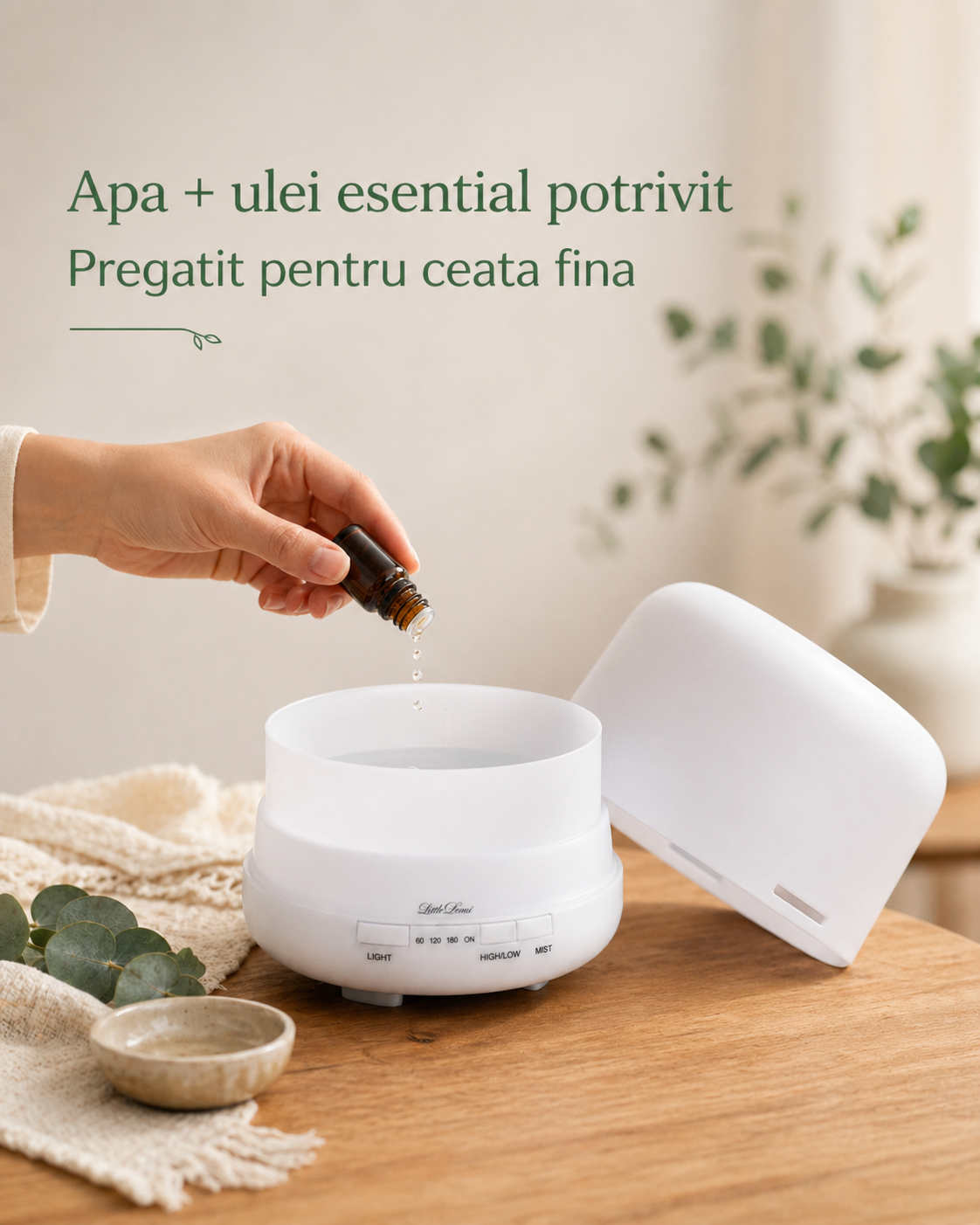 Difuzor aromaterapie alb cu ceata fina si uleiuri esentiale