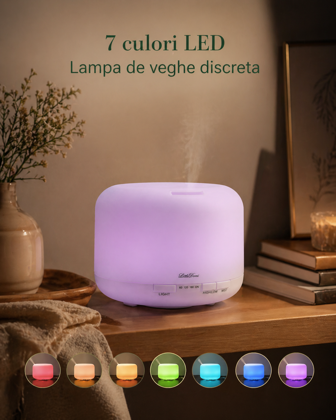 Lampa de veghe cu 7 culori pentru difuzor aromaterapie alb