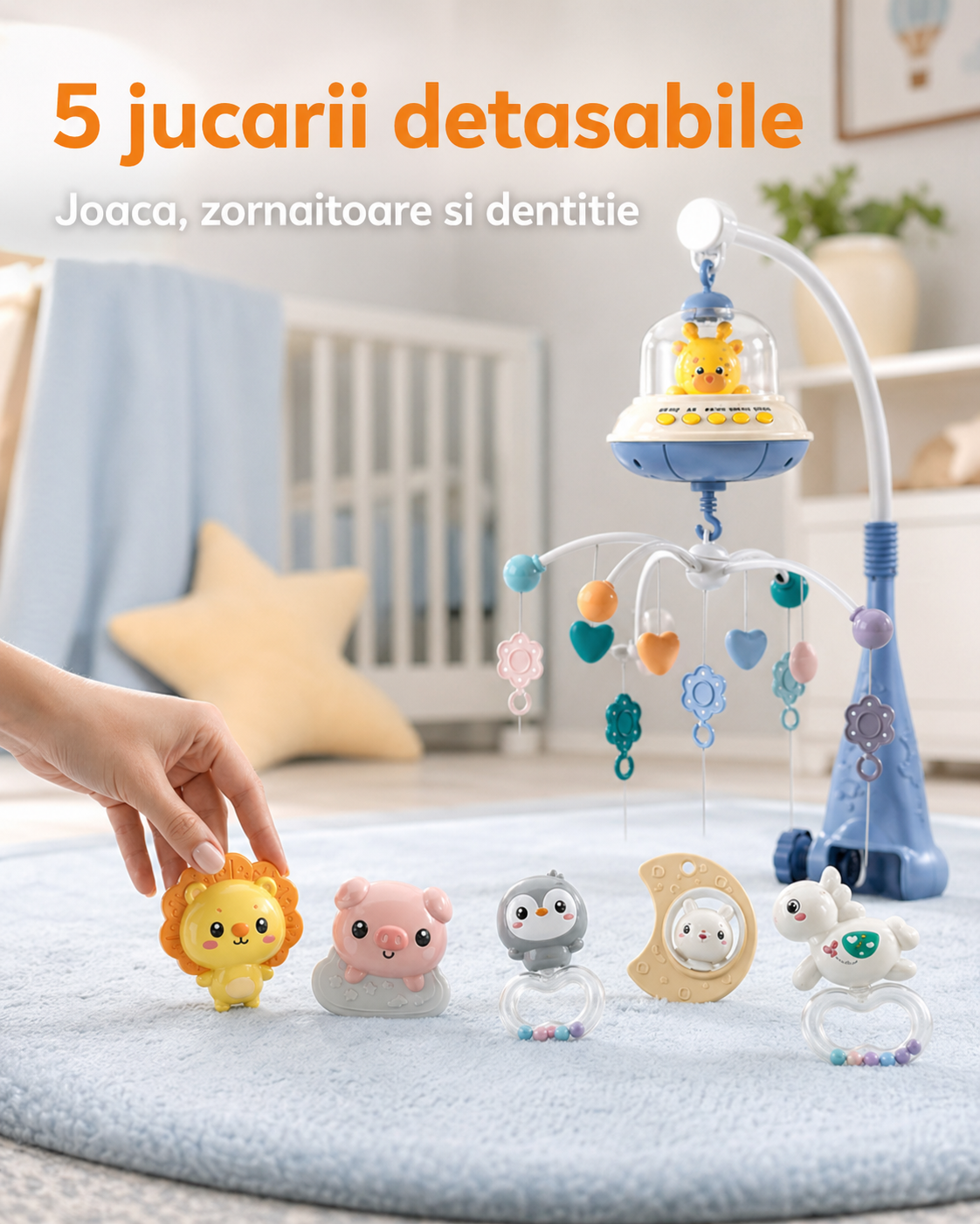5 jucarii detasabile pentru carusel muzical bebelusi