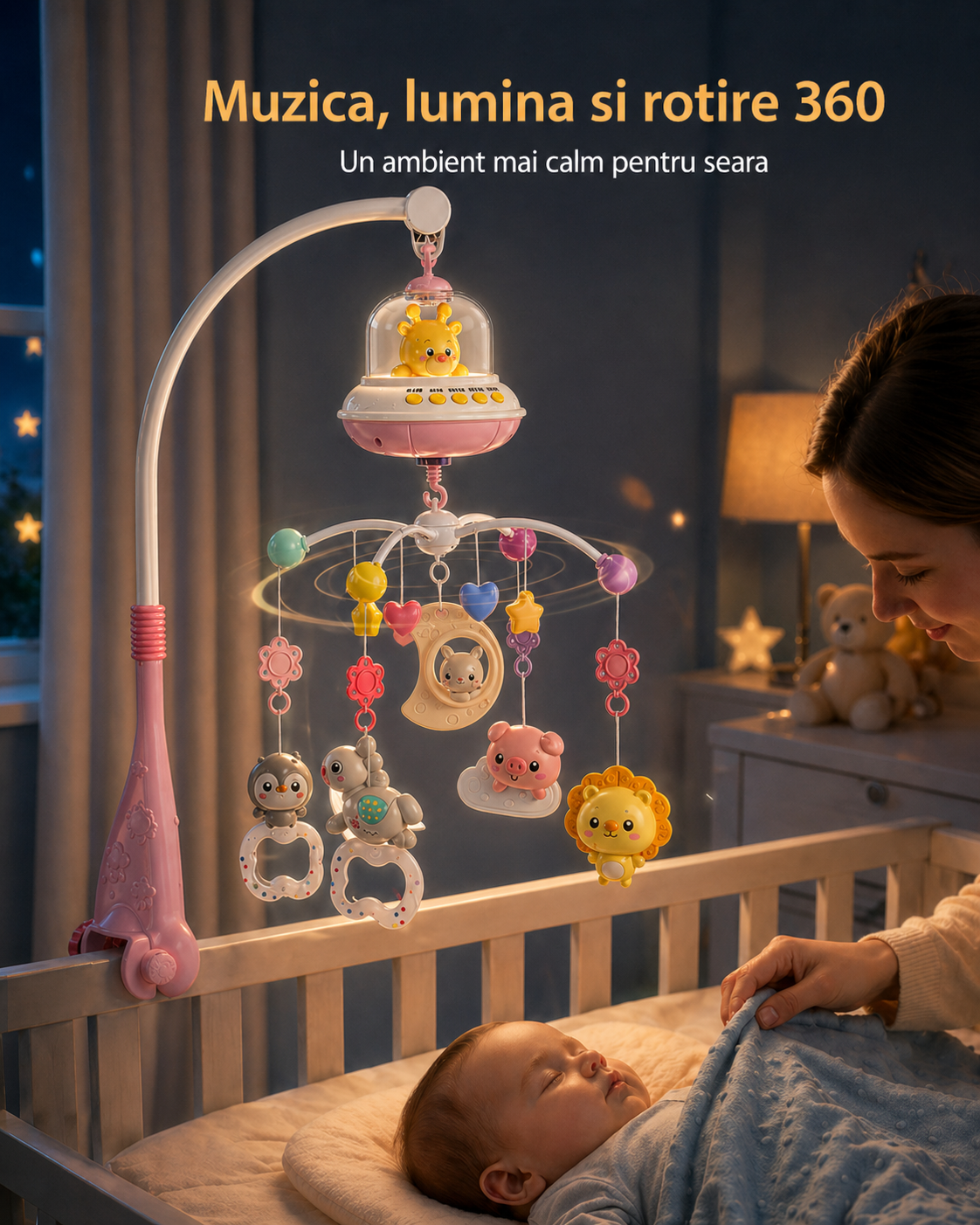 Carusel muzical roz pentru patut cu melodii, lumini si rotire 360