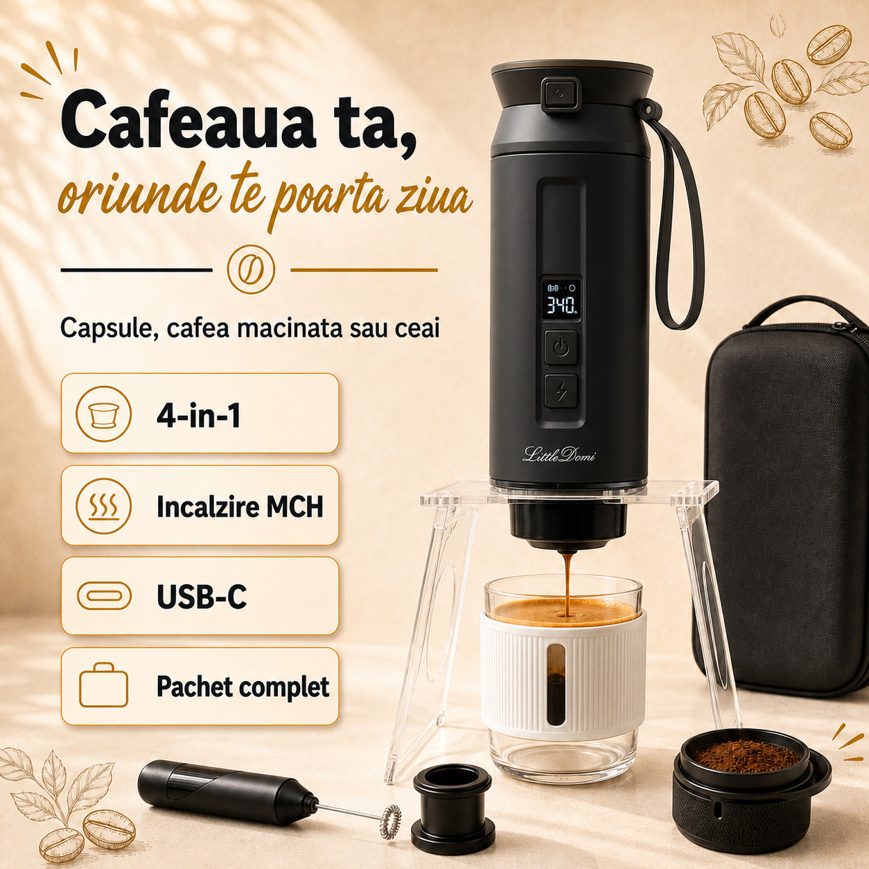 Espressor portabil LittleDomi negru cafeaua ta oriunde 4 in 1 incalzire MCH USB-C pachet complet