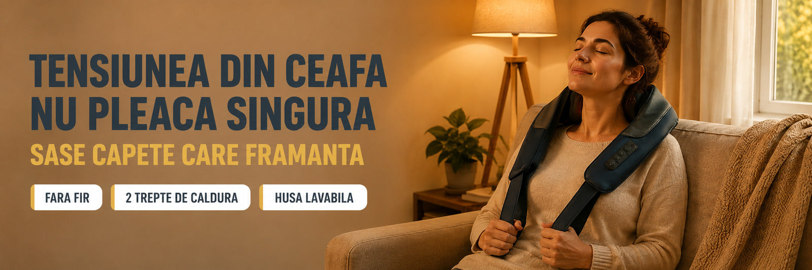 Aparat de masaj cervical LittleDomi bleumarin, purtat pe umeri acasa